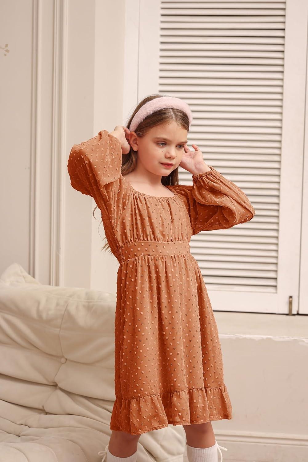 imageGRACE KARIN Girls Ruffle Tiered Dress Long Sleeve Swiss Dot Flowy ALine Dress 614YBurnt Orange