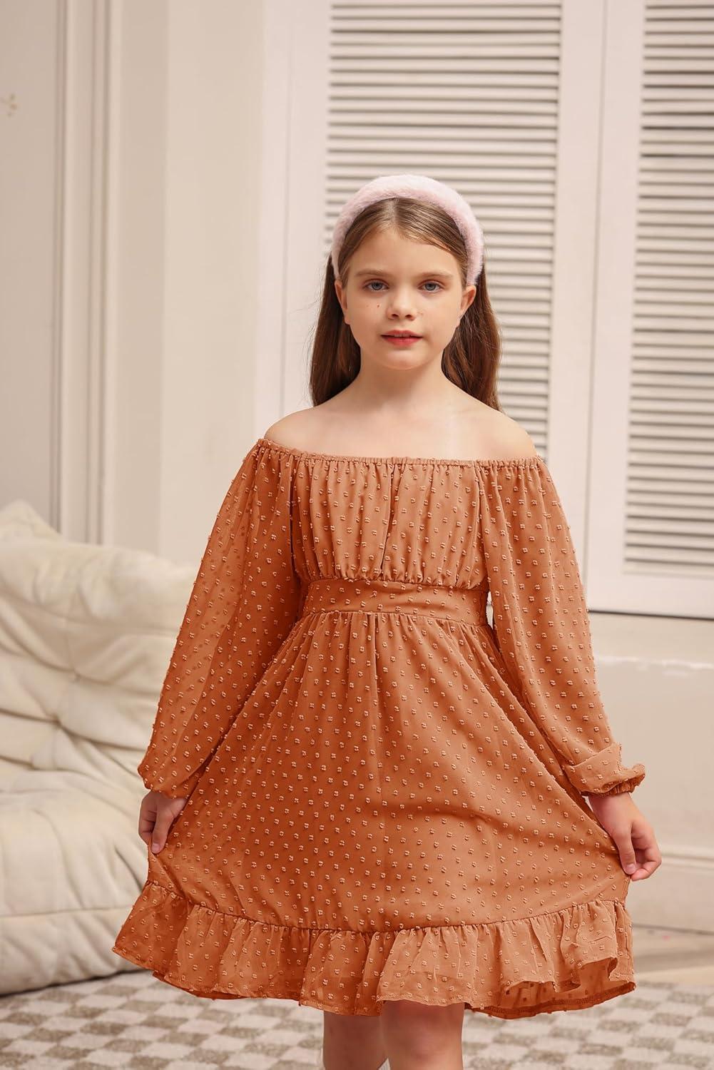 imageGRACE KARIN Girls Ruffle Tiered Dress Long Sleeve Swiss Dot Flowy ALine Dress 614YBurnt Orange