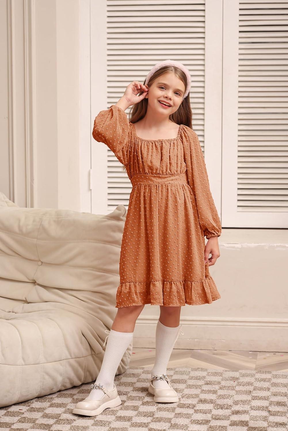 imageGRACE KARIN Girls Ruffle Tiered Dress Long Sleeve Swiss Dot Flowy ALine Dress 614YBurnt Orange