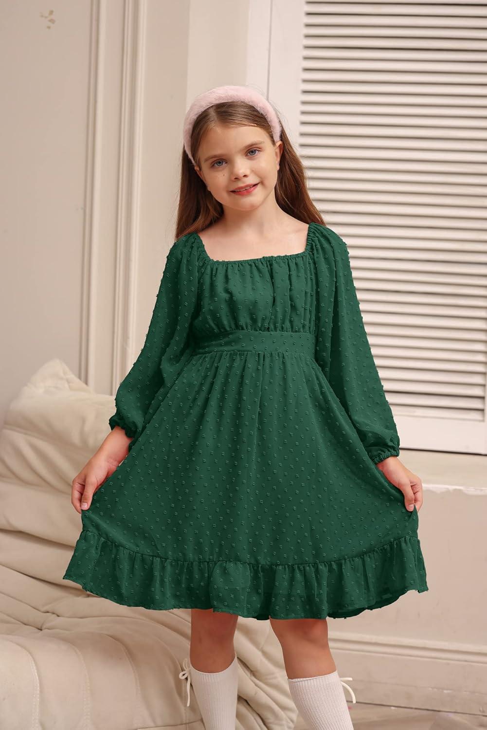 imageGRACE KARIN Girls Ruffle Tiered Dress Long Sleeve Swiss Dot Flowy ALine Dress 614YDark Green