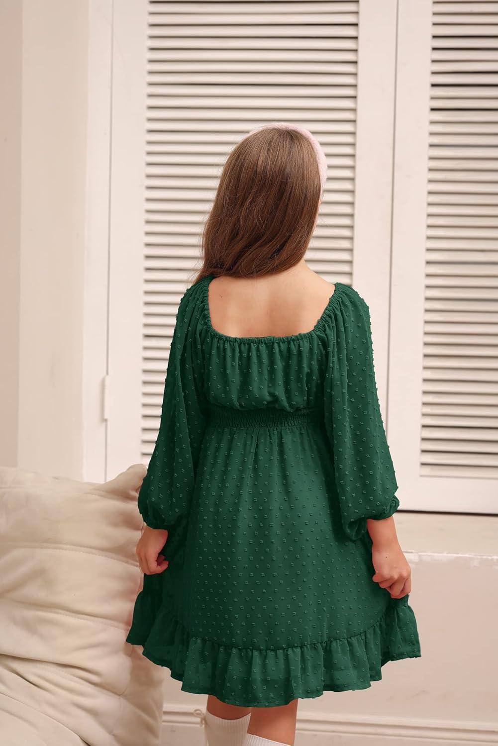 imageGRACE KARIN Girls Ruffle Tiered Dress Long Sleeve Swiss Dot Flowy ALine Dress 614YDark Green