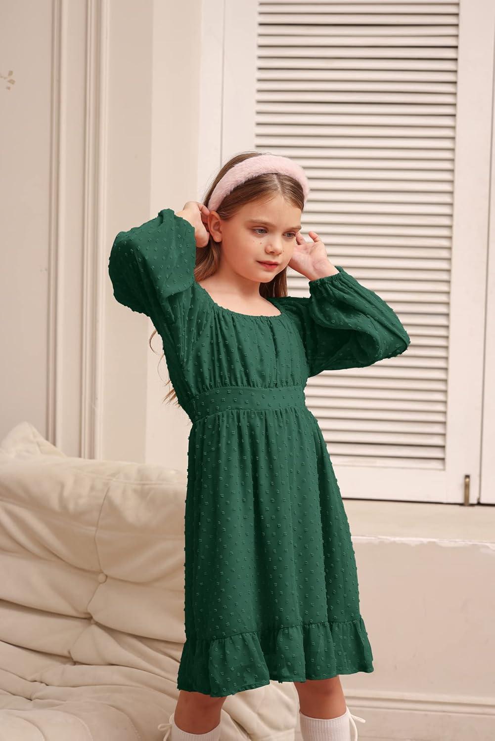 imageGRACE KARIN Girls Ruffle Tiered Dress Long Sleeve Swiss Dot Flowy ALine Dress 614YDark Green