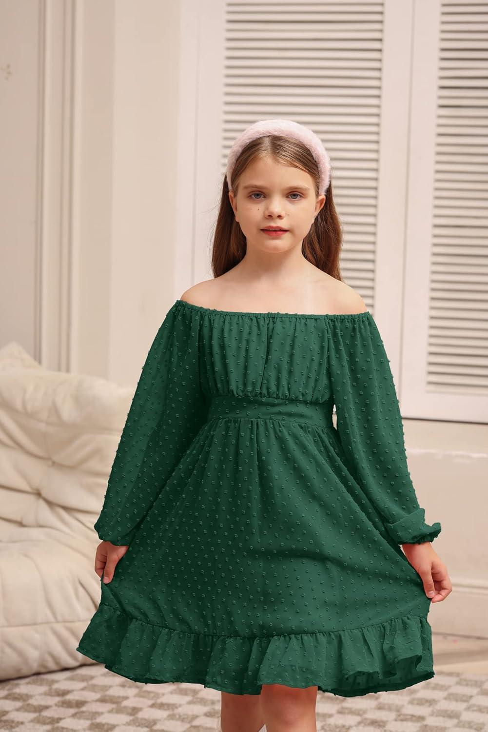 imageGRACE KARIN Girls Ruffle Tiered Dress Long Sleeve Swiss Dot Flowy ALine Dress 614YDark Green
