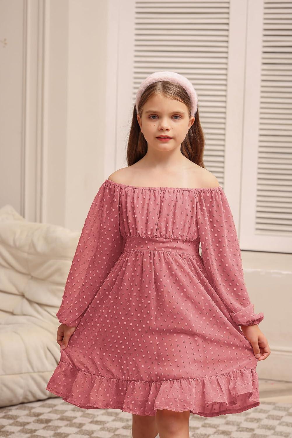 imageGRACE KARIN Girls Ruffle Tiered Dress Long Sleeve Swiss Dot Flowy ALine Dress 614YDusty Rose