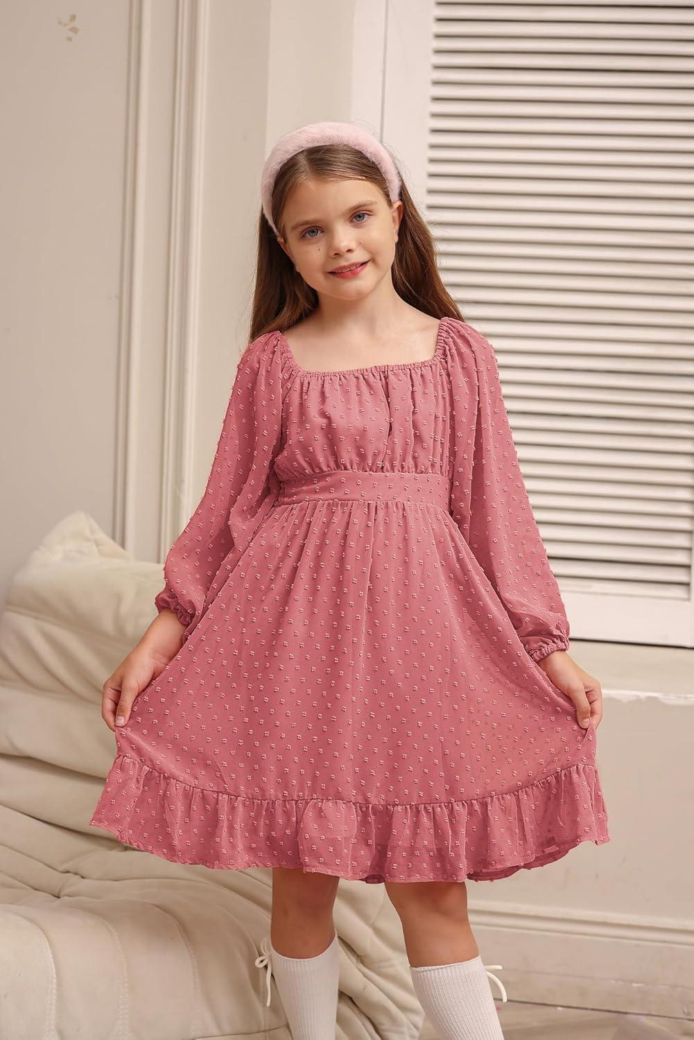imageGRACE KARIN Girls Ruffle Tiered Dress Long Sleeve Swiss Dot Flowy ALine Dress 614YDusty Rose