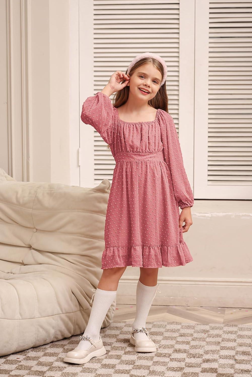imageGRACE KARIN Girls Ruffle Tiered Dress Long Sleeve Swiss Dot Flowy ALine Dress 614YDusty Rose