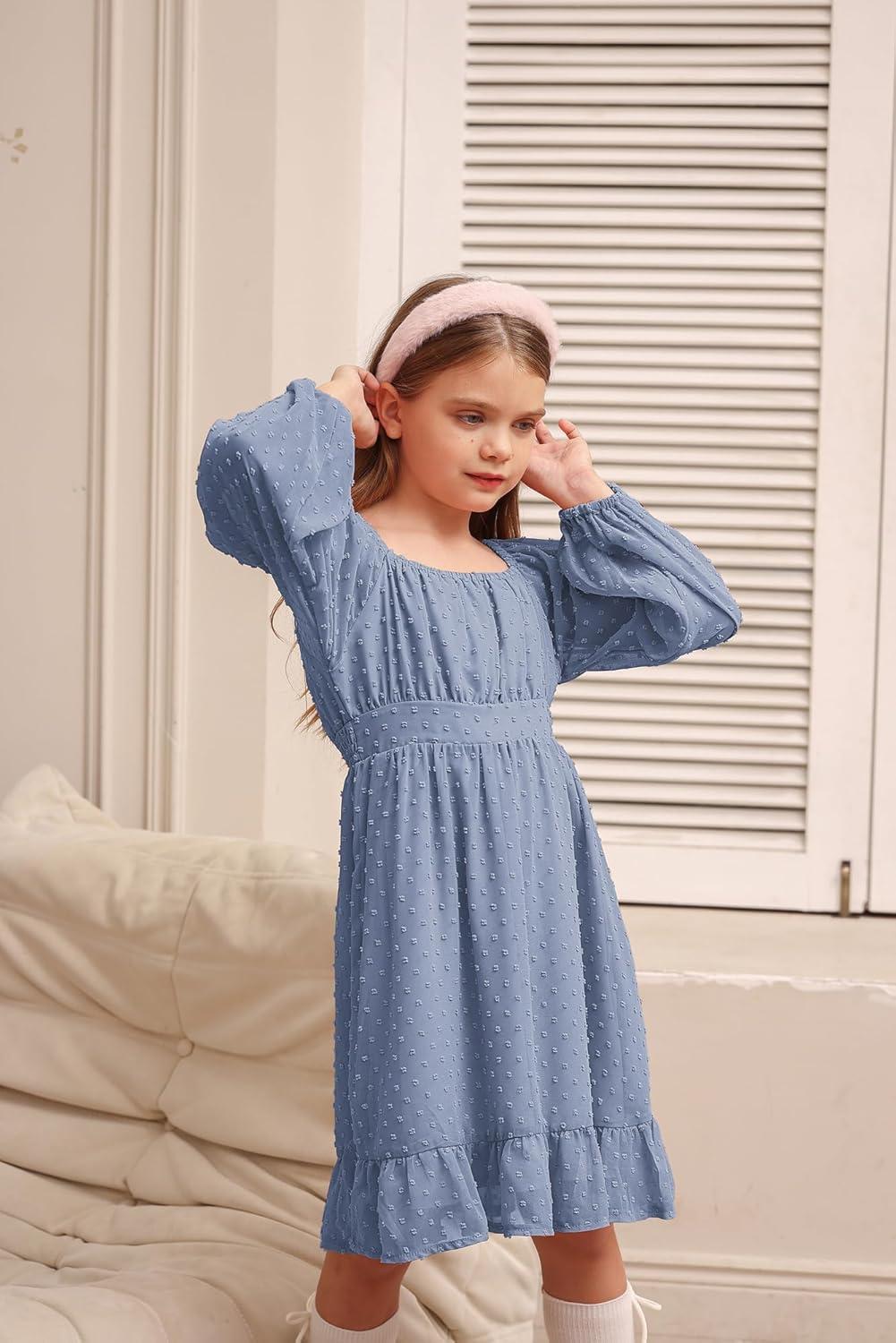imageGRACE KARIN Girls Ruffle Tiered Dress Long Sleeve Swiss Dot Flowy ALine Dress 614YGray Blue