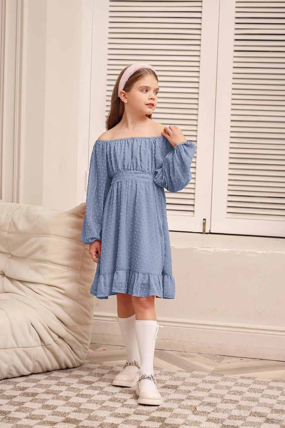imageGRACE KARIN Girls Ruffle Tiered Dress Long Sleeve Swiss Dot Flowy ALine Dress 614YGray Blue