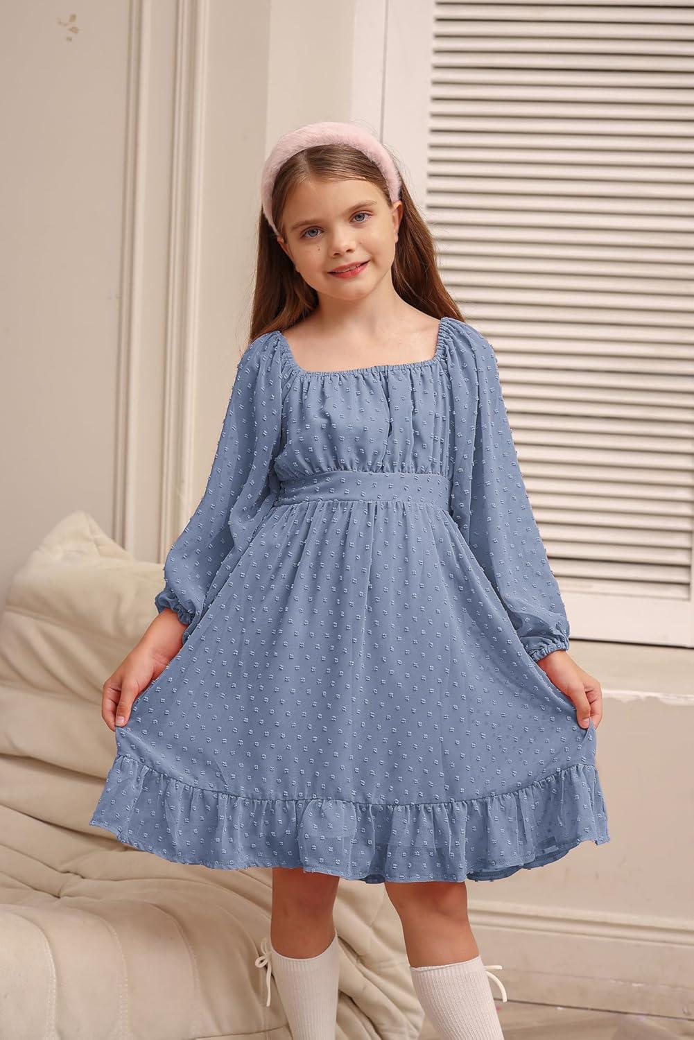 imageGRACE KARIN Girls Ruffle Tiered Dress Long Sleeve Swiss Dot Flowy ALine Dress 614YGray Blue