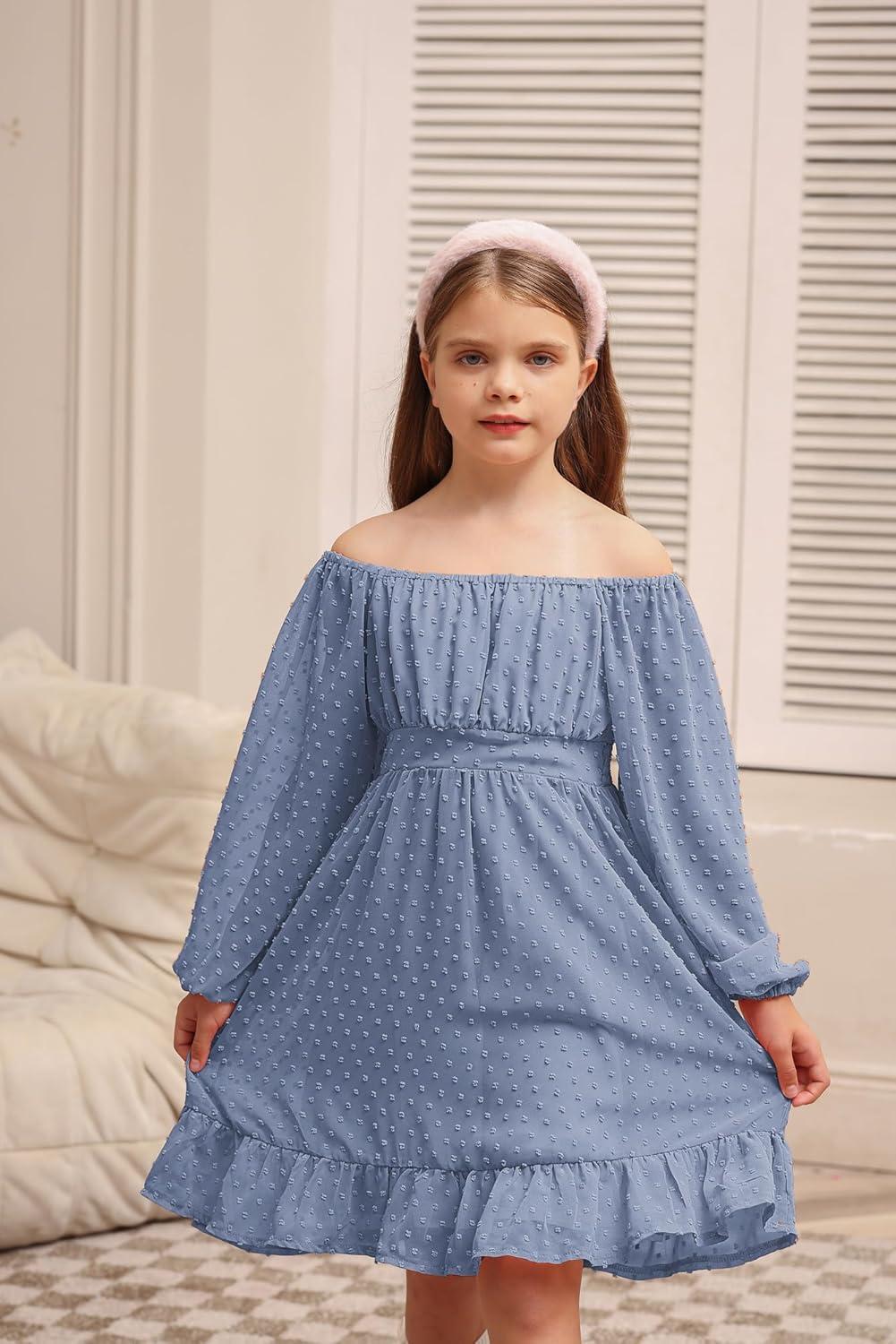 imageGRACE KARIN Girls Ruffle Tiered Dress Long Sleeve Swiss Dot Flowy ALine Dress 614YGray Blue