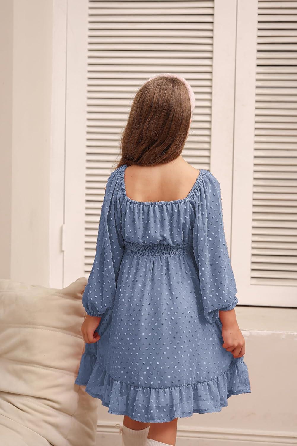 imageGRACE KARIN Girls Ruffle Tiered Dress Long Sleeve Swiss Dot Flowy ALine Dress 614YGray Blue