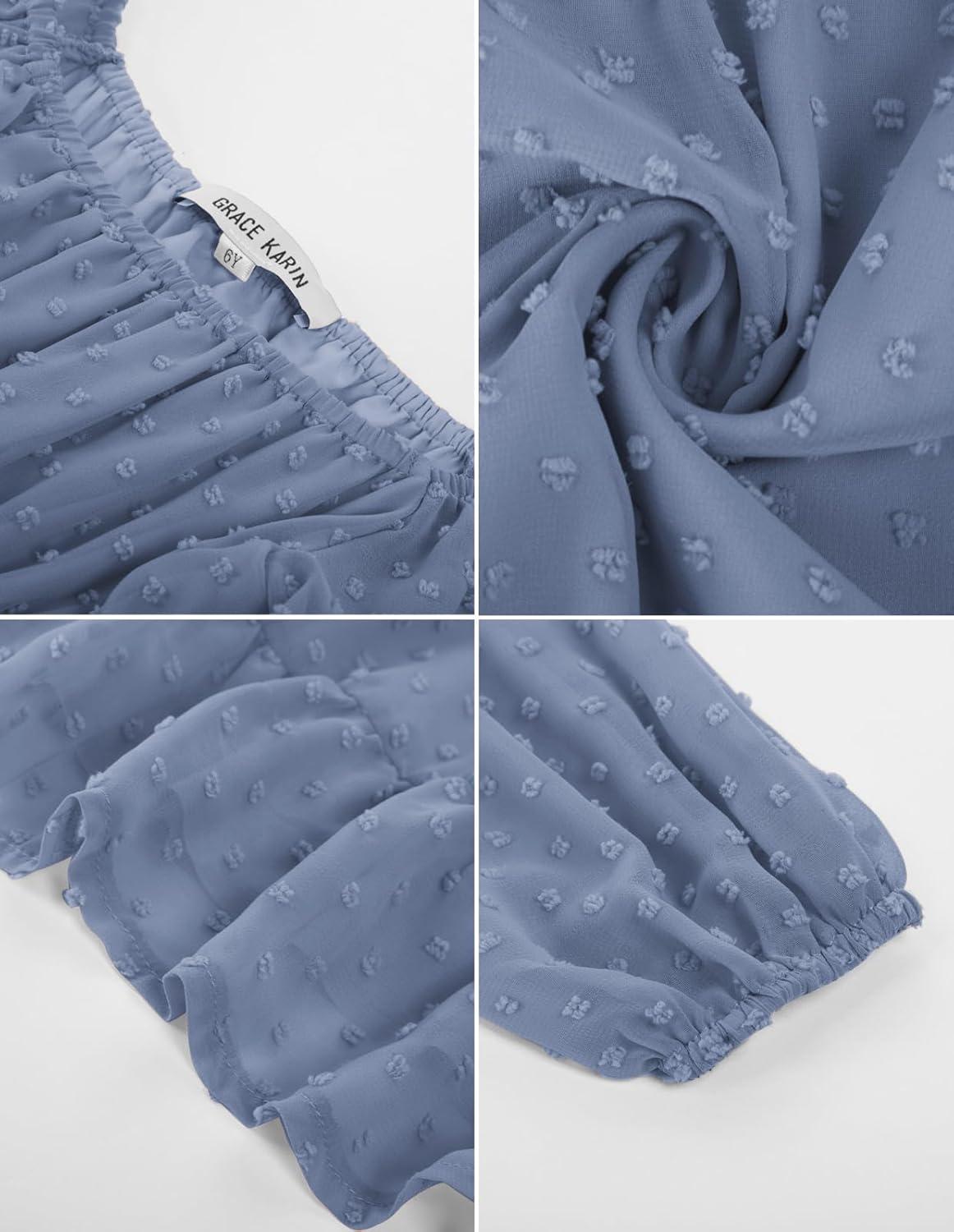 imageGRACE KARIN Girls Ruffle Tiered Dress Long Sleeve Swiss Dot Flowy ALine Dress 614YGray Blue