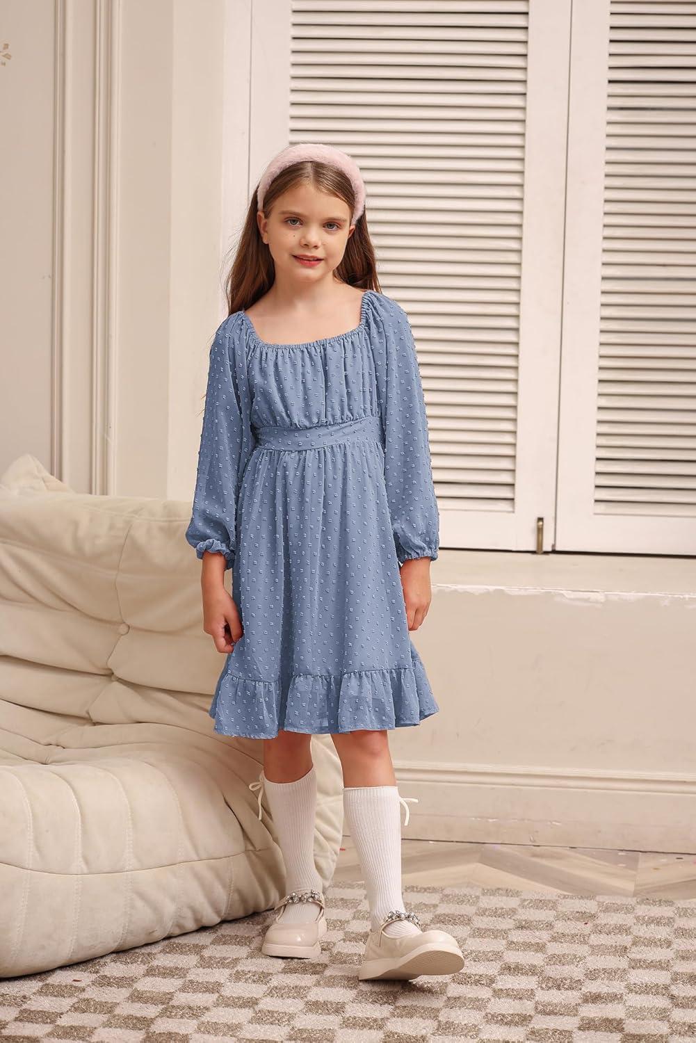 imageGRACE KARIN Girls Ruffle Tiered Dress Long Sleeve Swiss Dot Flowy ALine Dress 614YGray Blue