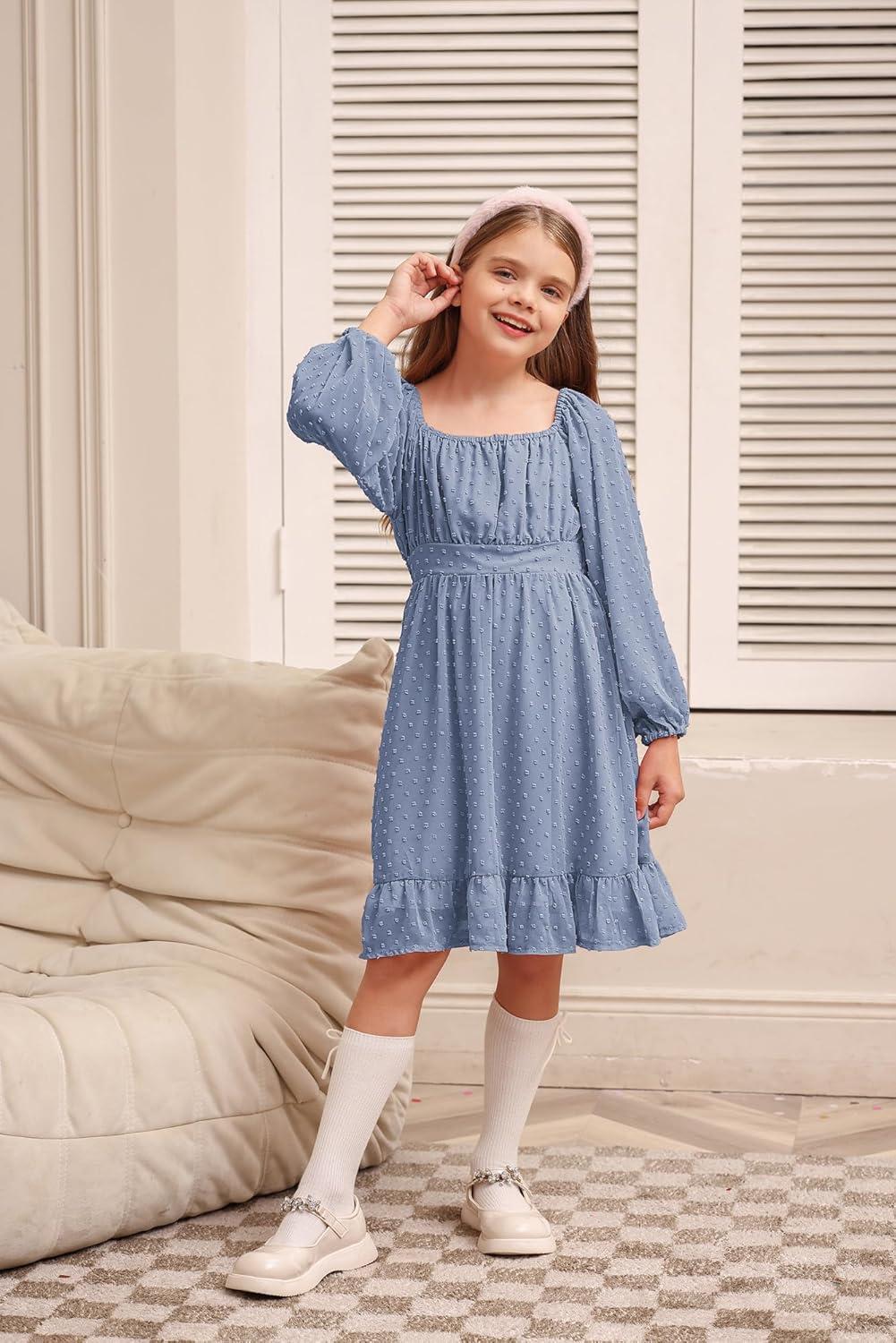 imageGRACE KARIN Girls Ruffle Tiered Dress Long Sleeve Swiss Dot Flowy ALine Dress 614YGray Blue
