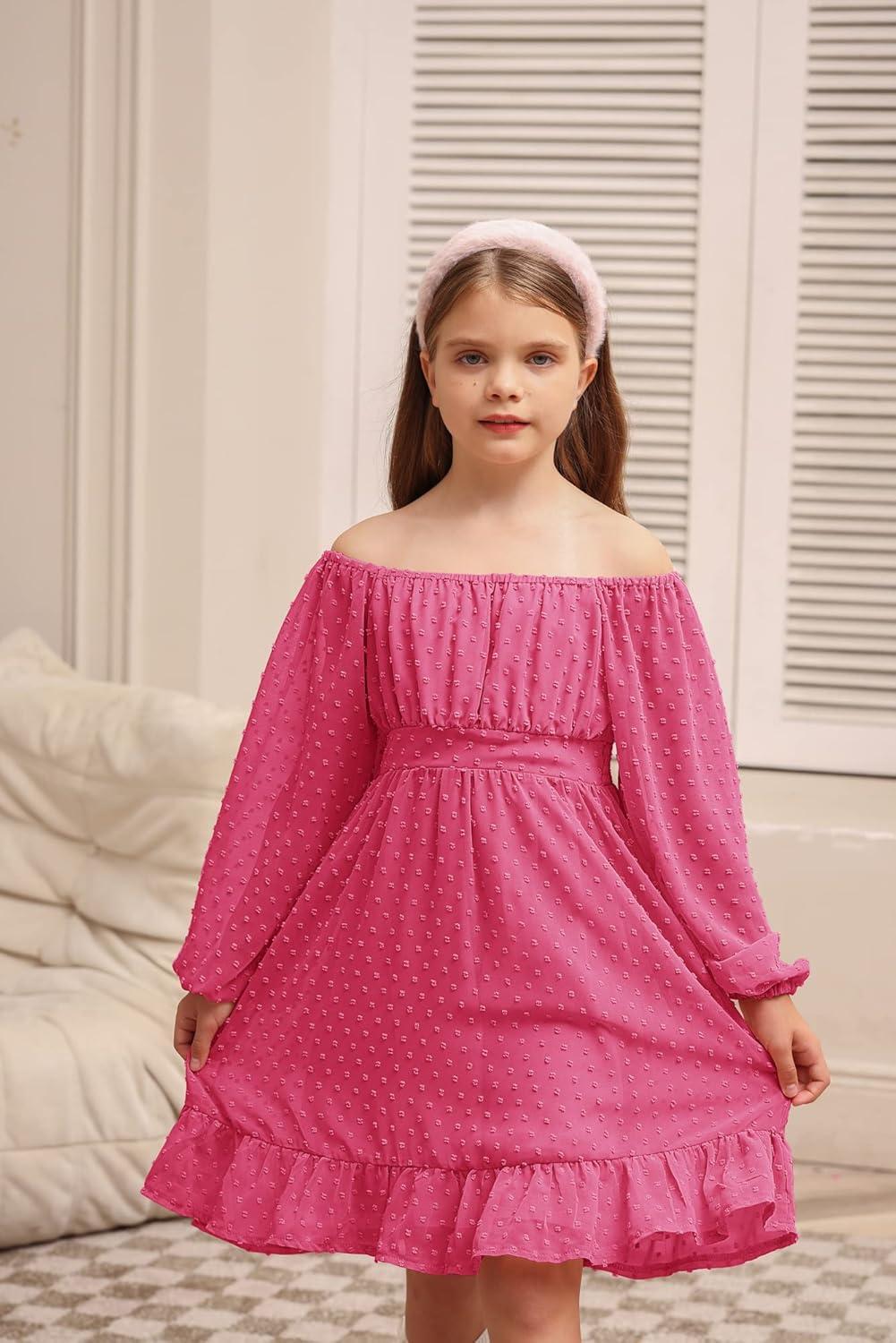 imageGRACE KARIN Girls Ruffle Tiered Dress Long Sleeve Swiss Dot Flowy ALine Dress 614YHot Pink
