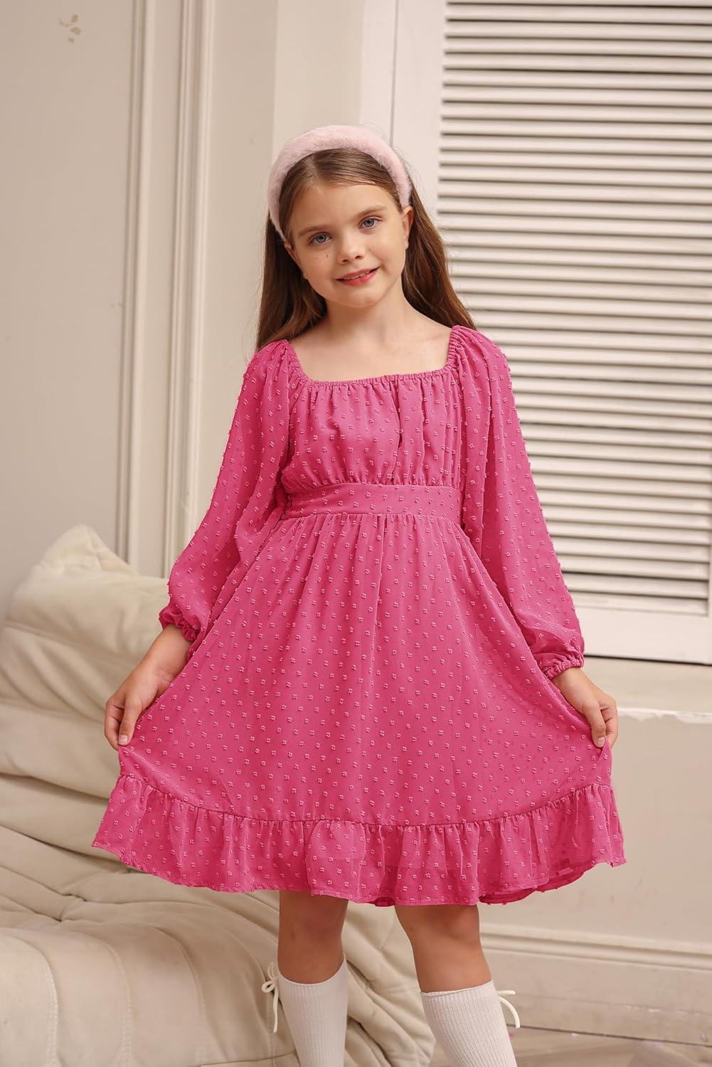 imageGRACE KARIN Girls Ruffle Tiered Dress Long Sleeve Swiss Dot Flowy ALine Dress 614YHot Pink