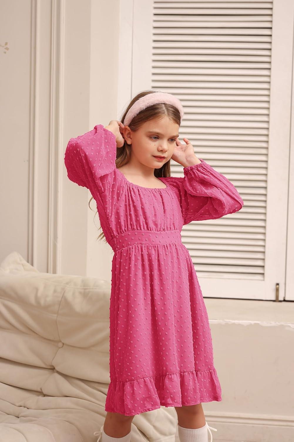 imageGRACE KARIN Girls Ruffle Tiered Dress Long Sleeve Swiss Dot Flowy ALine Dress 614YHot Pink