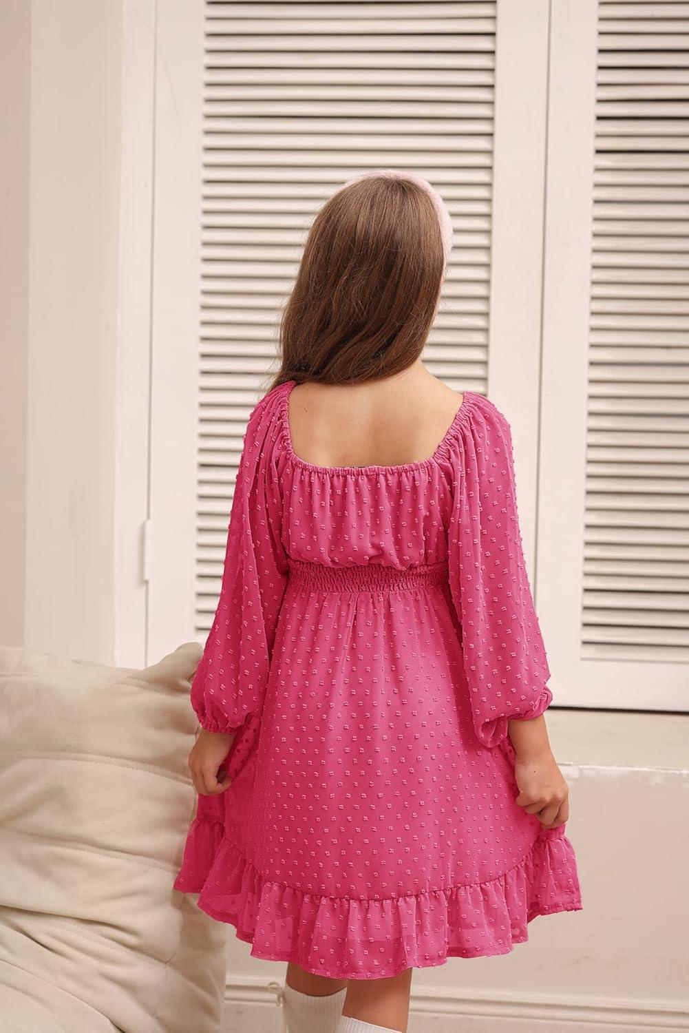 imageGRACE KARIN Girls Ruffle Tiered Dress Long Sleeve Swiss Dot Flowy ALine Dress 614YHot Pink