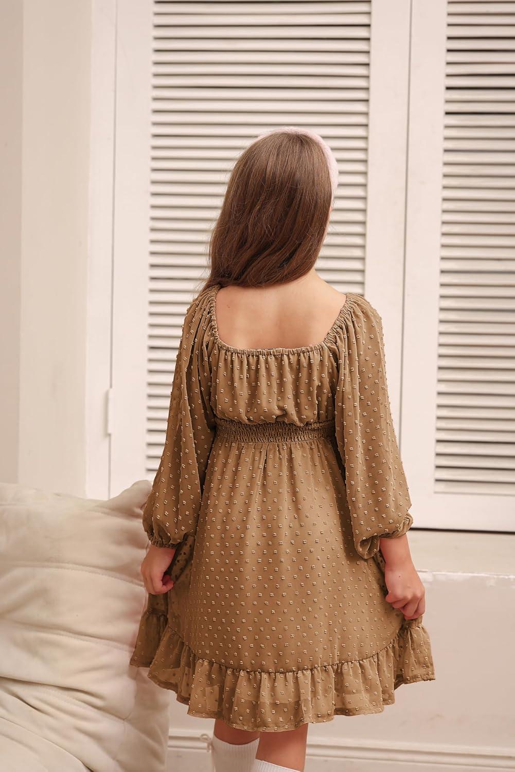 imageGRACE KARIN Girls Ruffle Tiered Dress Long Sleeve Swiss Dot Flowy ALine Dress 614YKhaki