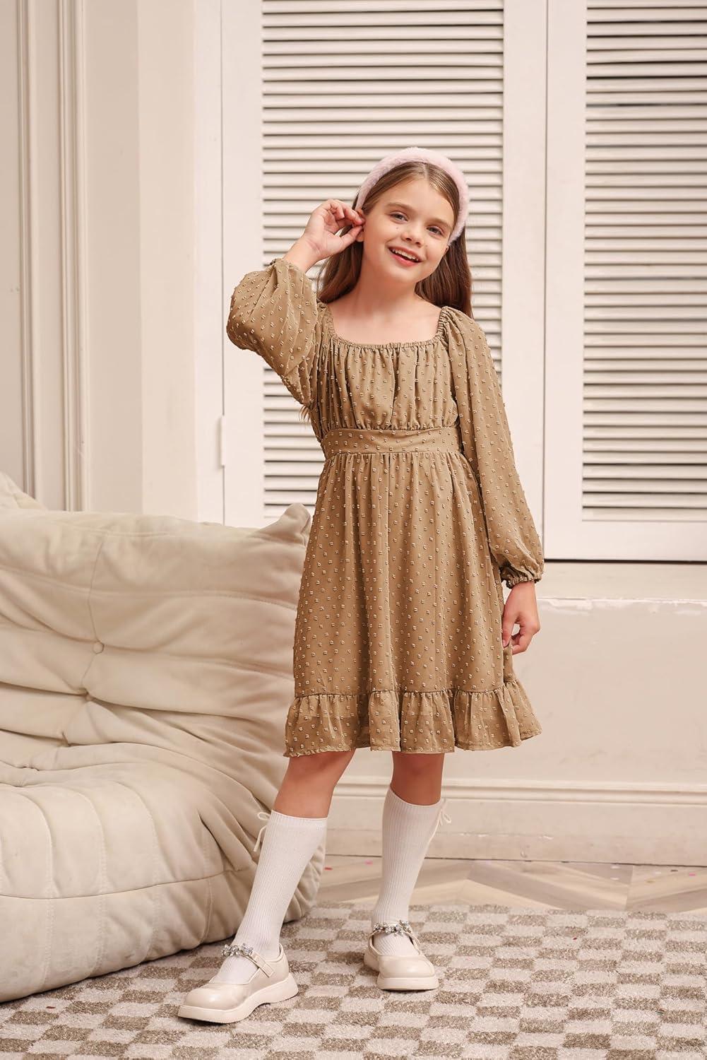 imageGRACE KARIN Girls Ruffle Tiered Dress Long Sleeve Swiss Dot Flowy ALine Dress 614YKhaki