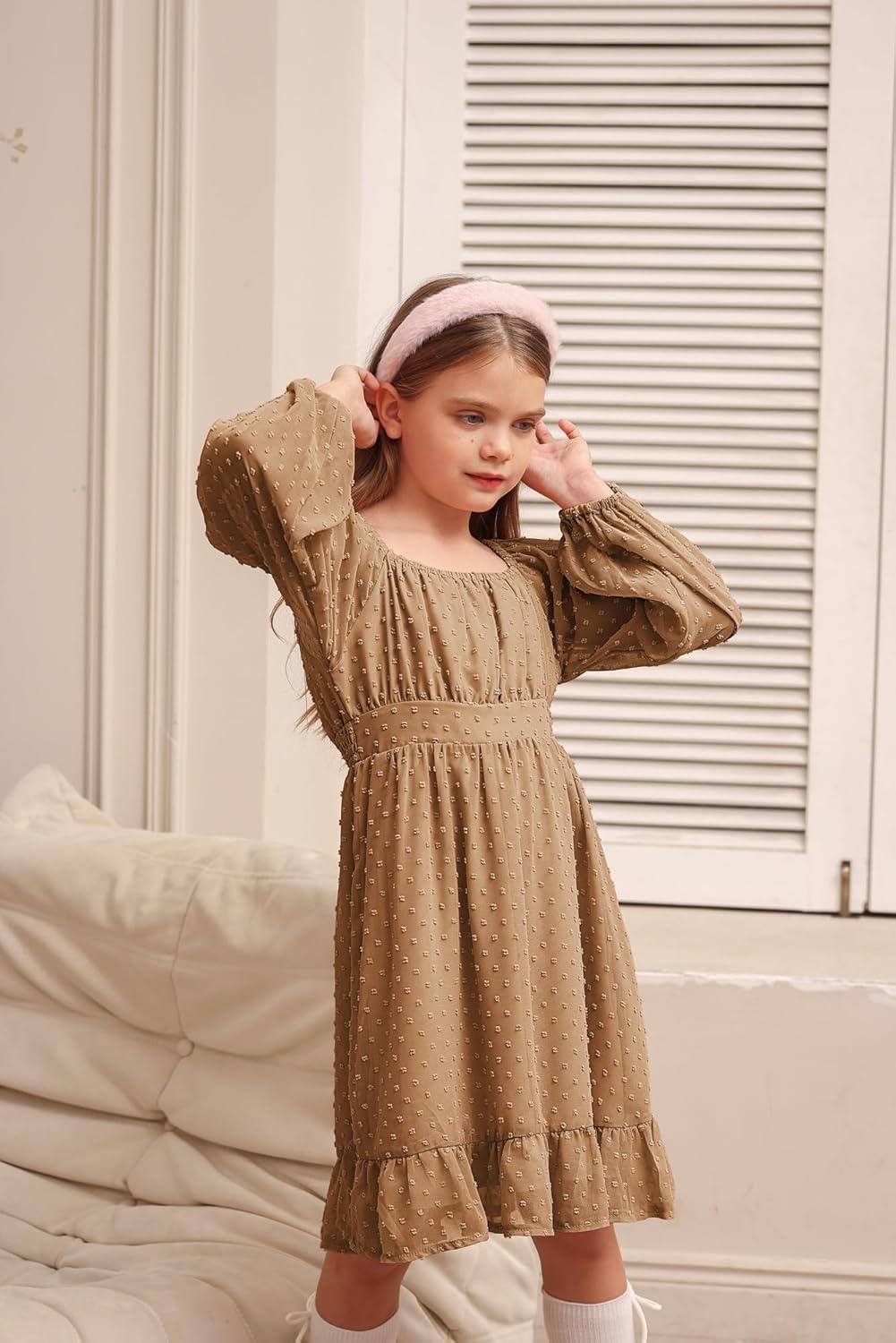 imageGRACE KARIN Girls Ruffle Tiered Dress Long Sleeve Swiss Dot Flowy ALine Dress 614YKhaki
