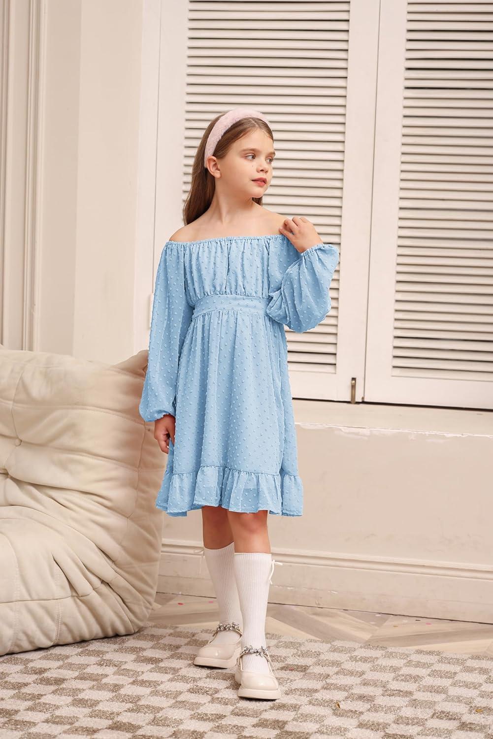 imageGRACE KARIN Girls Ruffle Tiered Dress Long Sleeve Swiss Dot Flowy ALine Dress 614YLight Blue