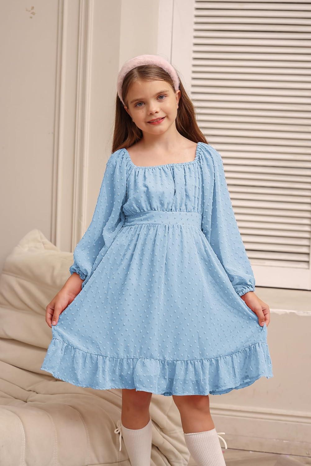 imageGRACE KARIN Girls Ruffle Tiered Dress Long Sleeve Swiss Dot Flowy ALine Dress 614YLight Blue