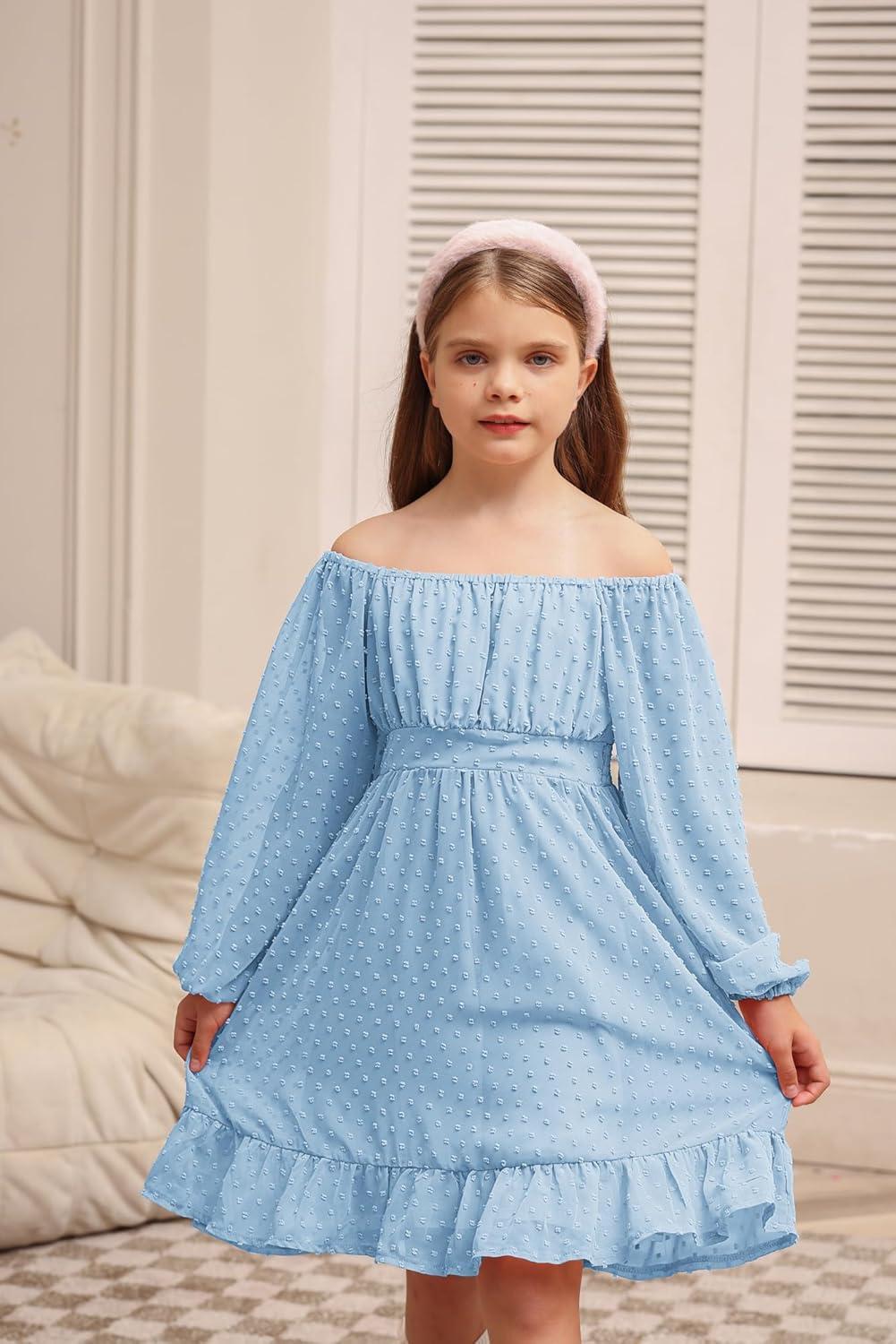 imageGRACE KARIN Girls Ruffle Tiered Dress Long Sleeve Swiss Dot Flowy ALine Dress 614YLight Blue
