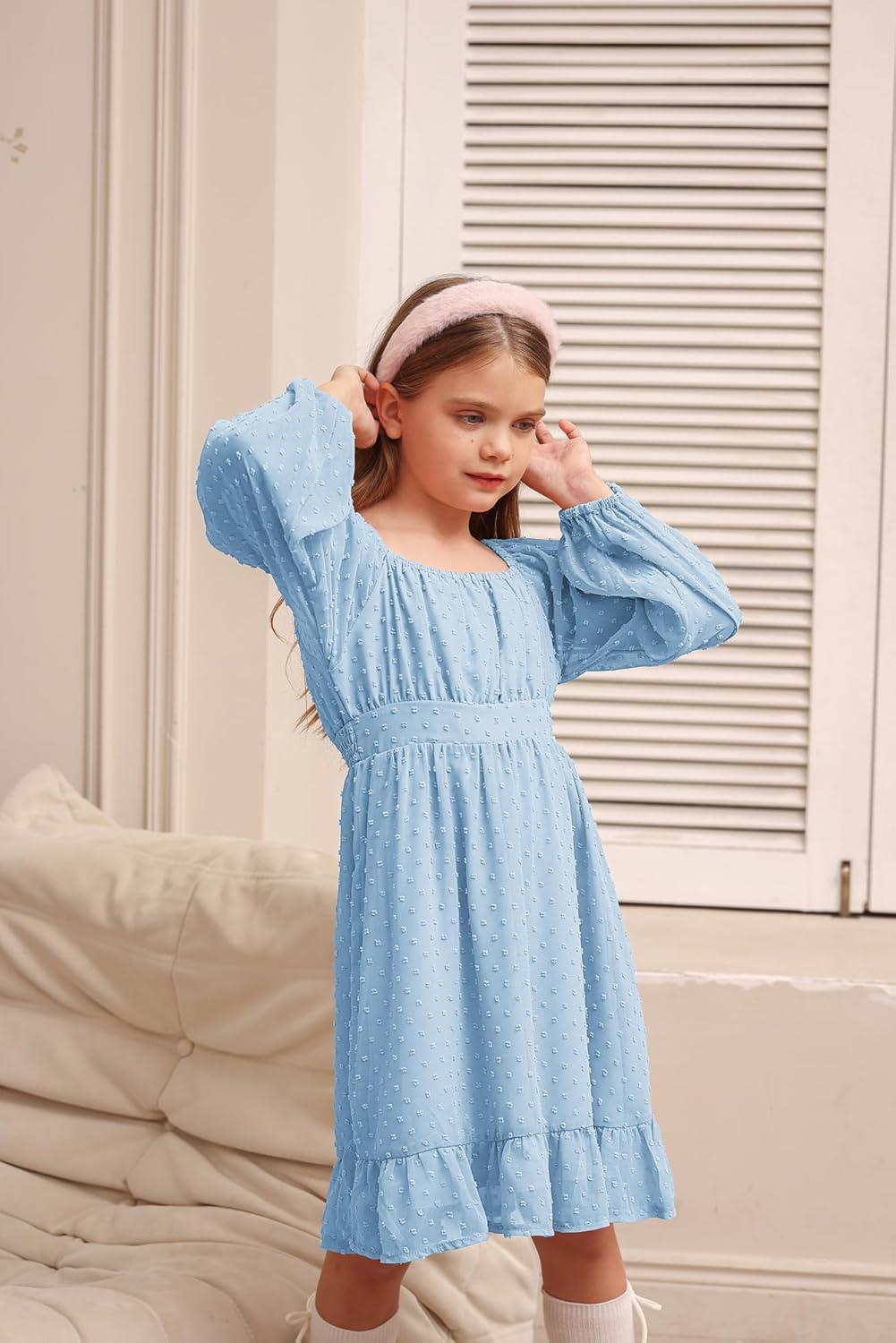 imageGRACE KARIN Girls Ruffle Tiered Dress Long Sleeve Swiss Dot Flowy ALine Dress 614YLight Blue