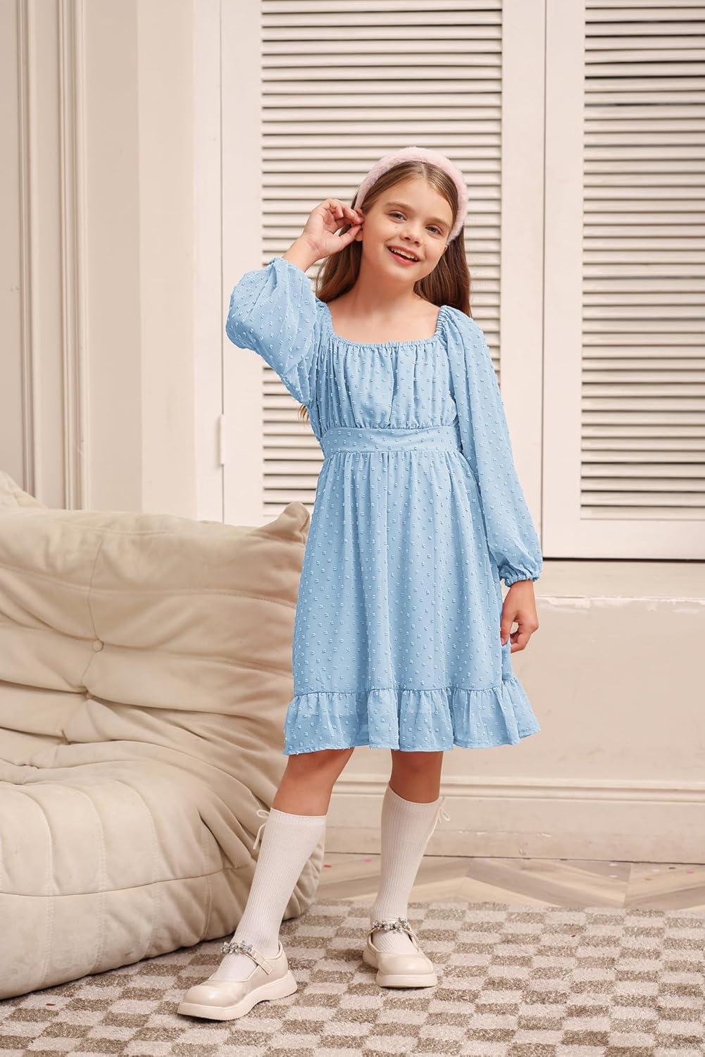 imageGRACE KARIN Girls Ruffle Tiered Dress Long Sleeve Swiss Dot Flowy ALine Dress 614YLight Blue