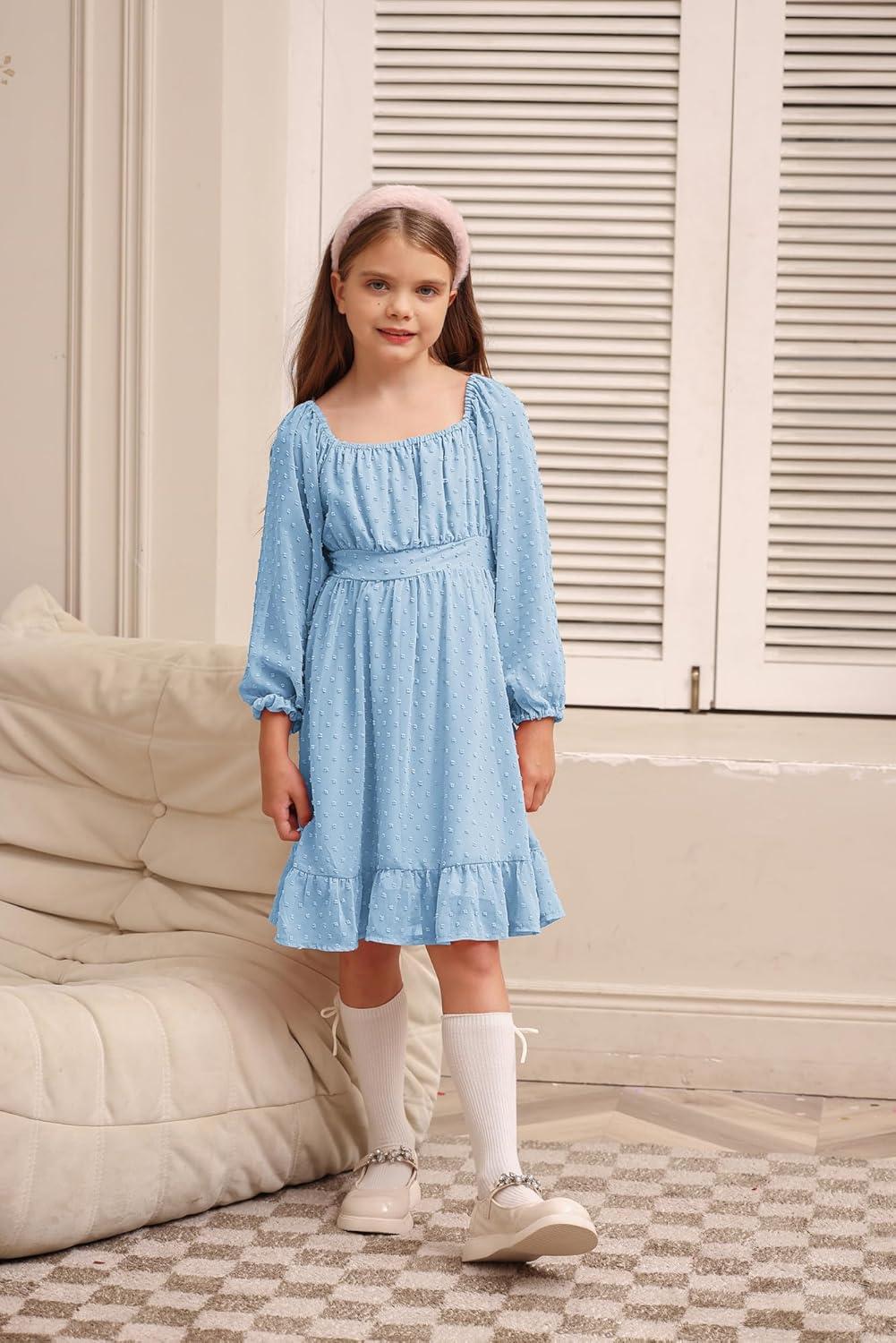 imageGRACE KARIN Girls Ruffle Tiered Dress Long Sleeve Swiss Dot Flowy ALine Dress 614YLight Blue