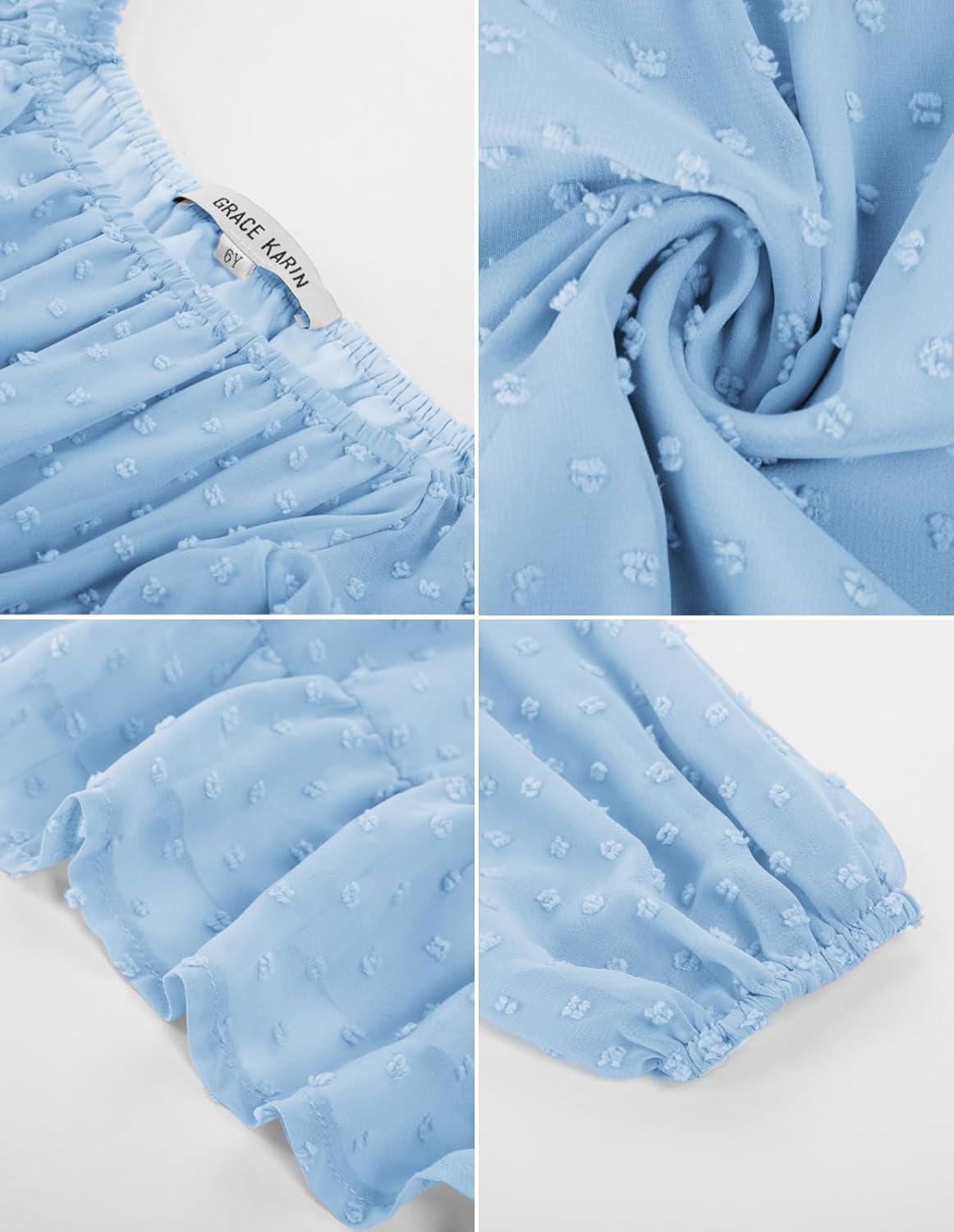 imageGRACE KARIN Girls Ruffle Tiered Dress Long Sleeve Swiss Dot Flowy ALine Dress 614YLight Blue