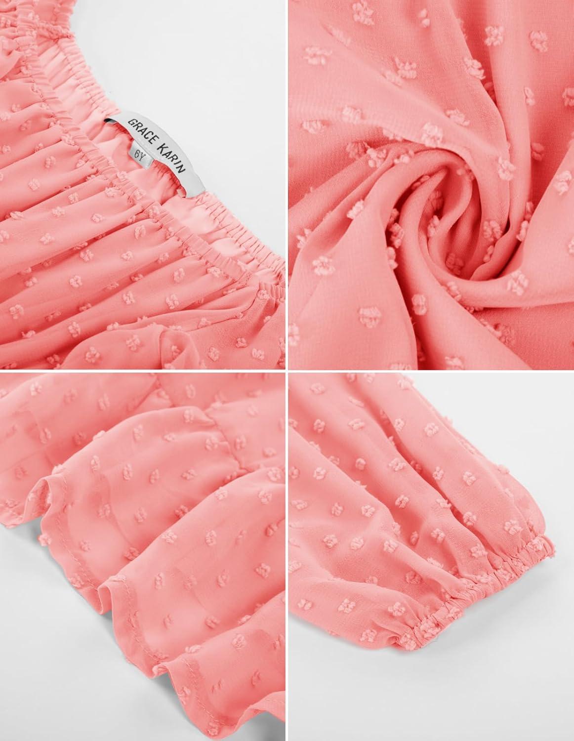 imageGRACE KARIN Girls Ruffle Tiered Dress Long Sleeve Swiss Dot Flowy ALine Dress 614YLight Pink
