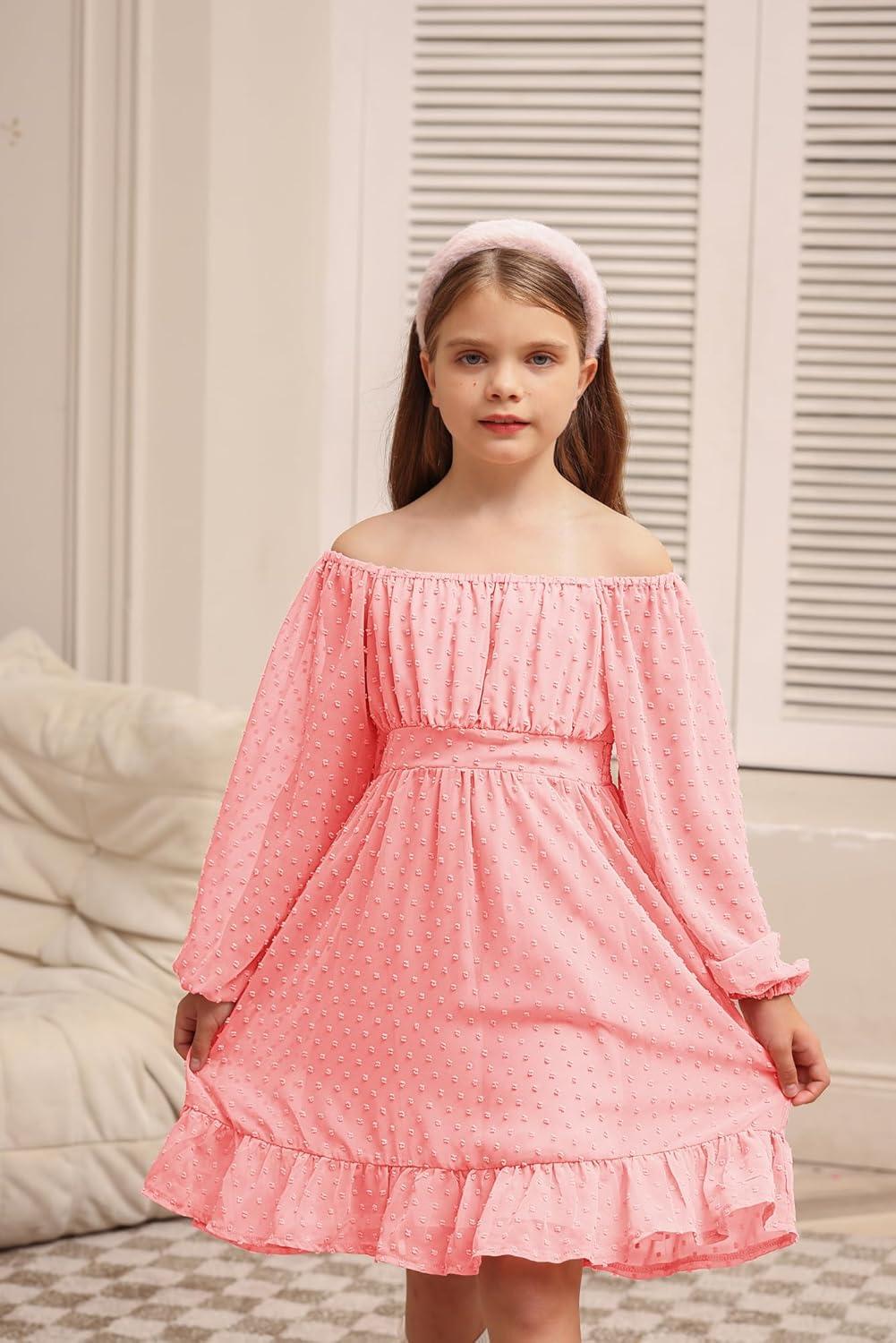 imageGRACE KARIN Girls Ruffle Tiered Dress Long Sleeve Swiss Dot Flowy ALine Dress 614YLight Pink