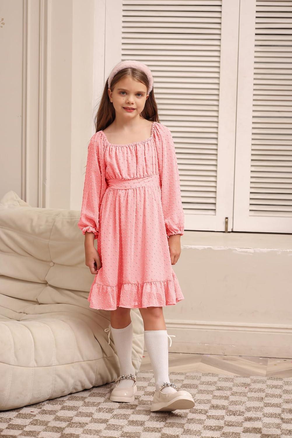 imageGRACE KARIN Girls Ruffle Tiered Dress Long Sleeve Swiss Dot Flowy ALine Dress 614YLight Pink