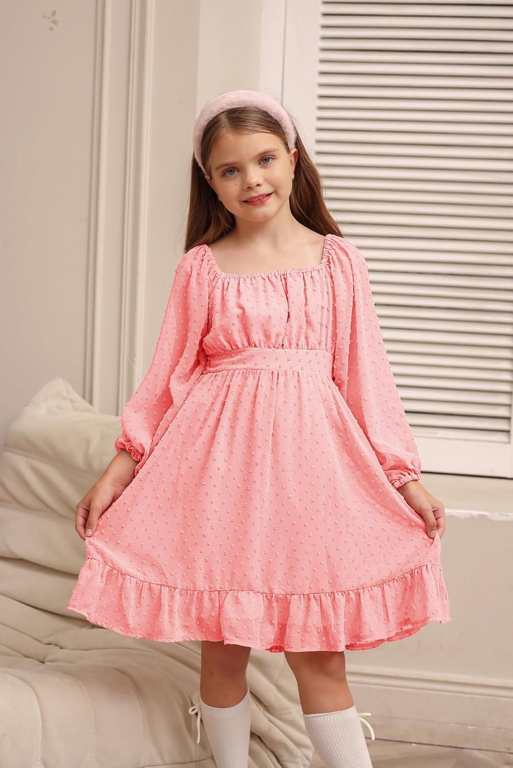 imageGRACE KARIN Girls Ruffle Tiered Dress Long Sleeve Swiss Dot Flowy ALine Dress 614YLight Pink