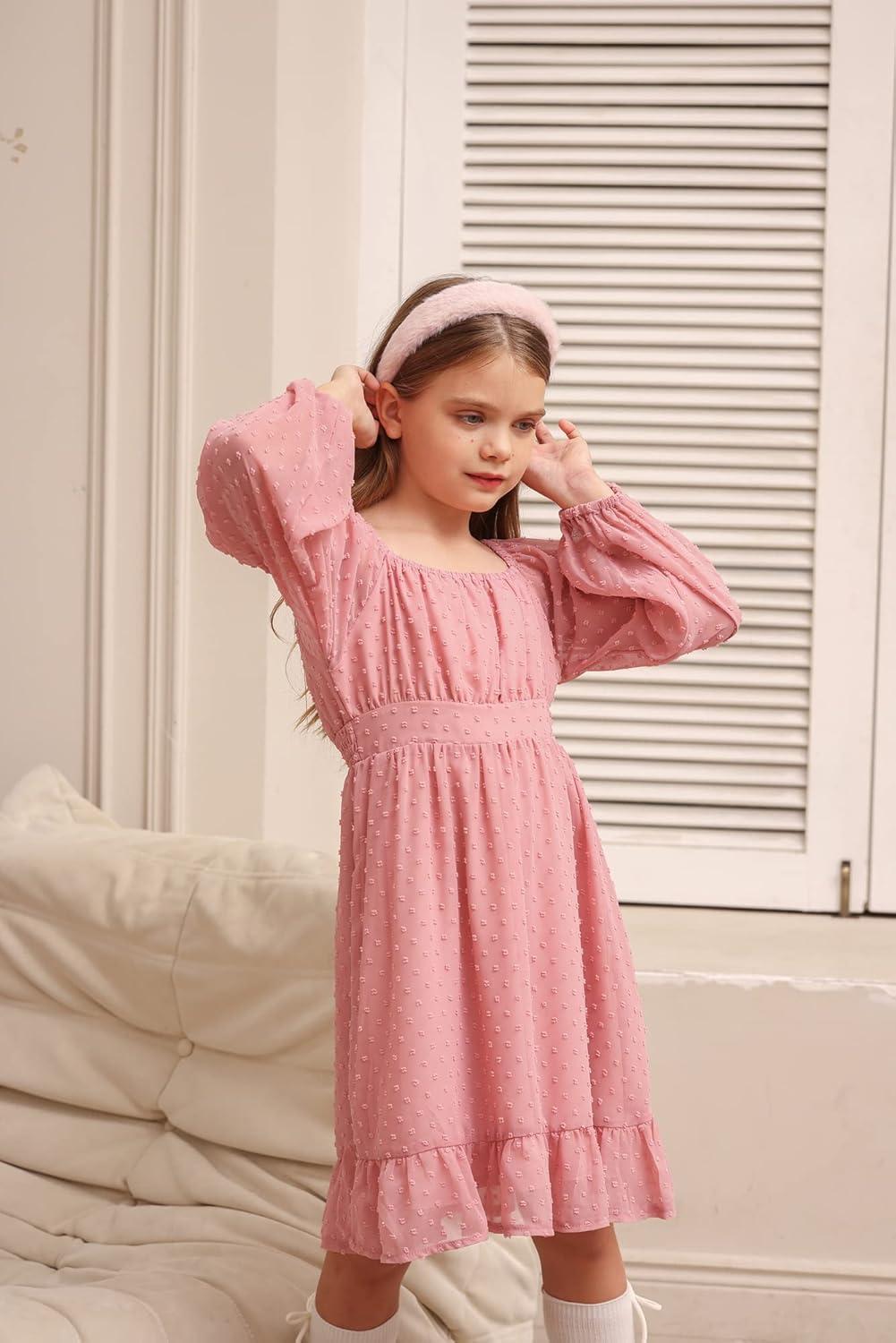 imageGRACE KARIN Girls Ruffle Tiered Dress Long Sleeve Swiss Dot Flowy ALine Dress 614YPink