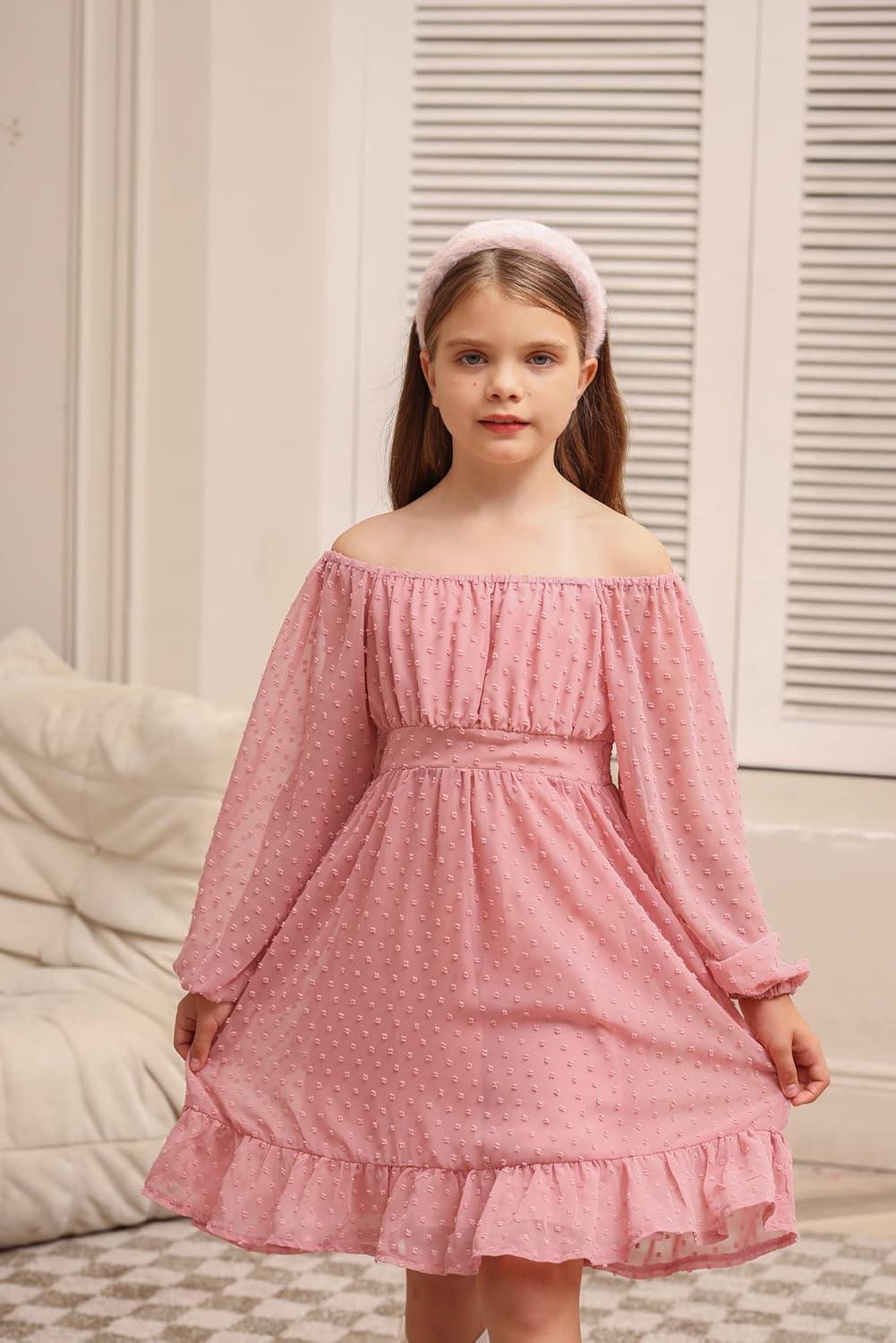 imageGRACE KARIN Girls Ruffle Tiered Dress Long Sleeve Swiss Dot Flowy ALine Dress 614YPink