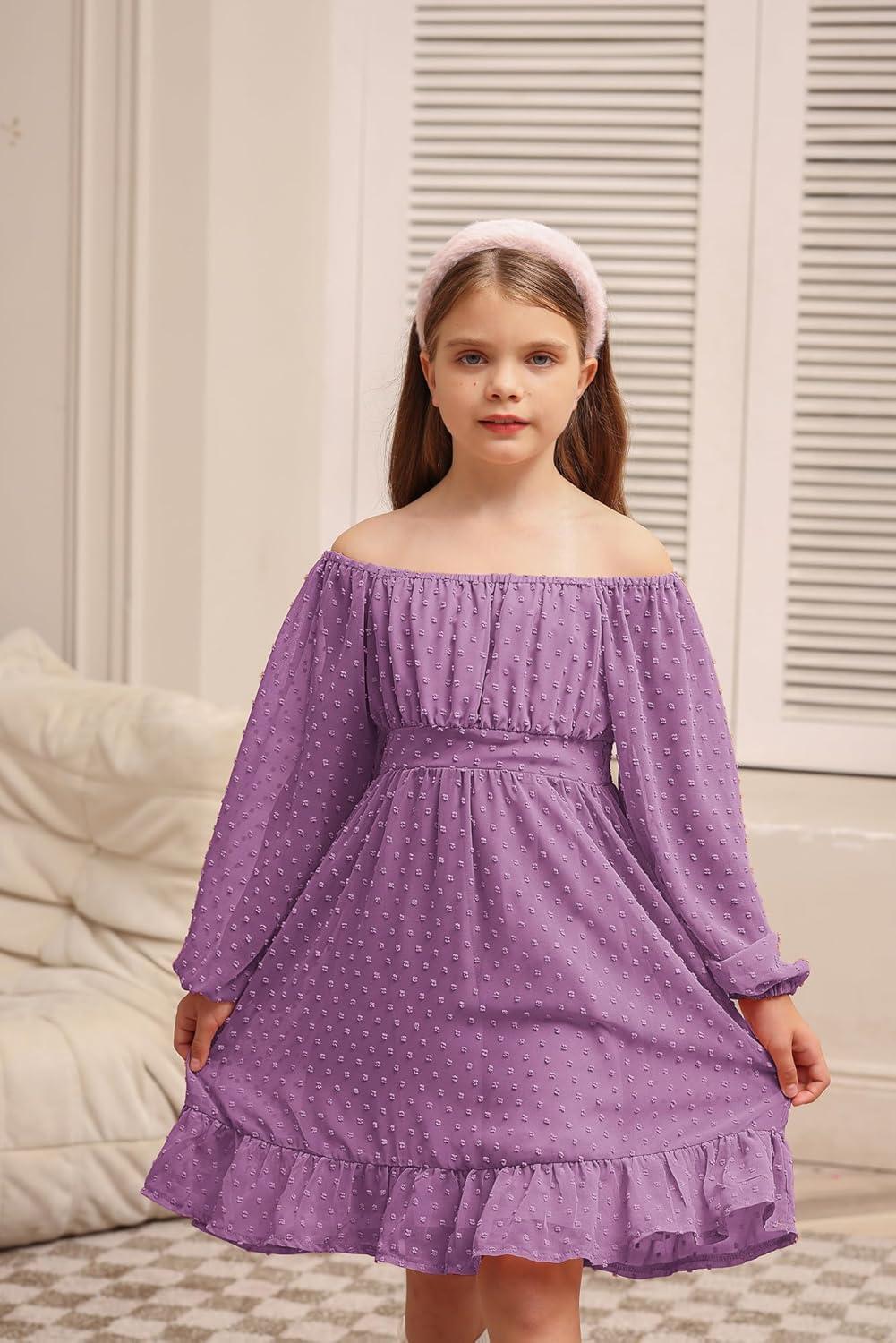 imageGRACE KARIN Girls Ruffle Tiered Dress Long Sleeve Swiss Dot Flowy ALine Dress 614YPlum