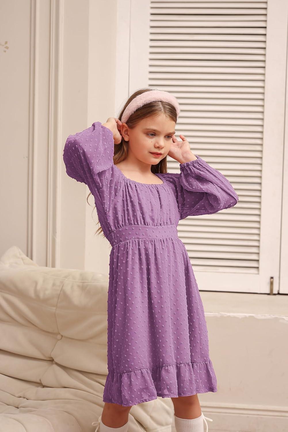 imageGRACE KARIN Girls Ruffle Tiered Dress Long Sleeve Swiss Dot Flowy ALine Dress 614YPlum