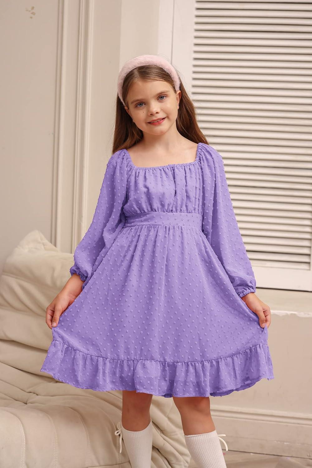 imageGRACE KARIN Girls Ruffle Tiered Dress Long Sleeve Swiss Dot Flowy ALine Dress 614YPurple