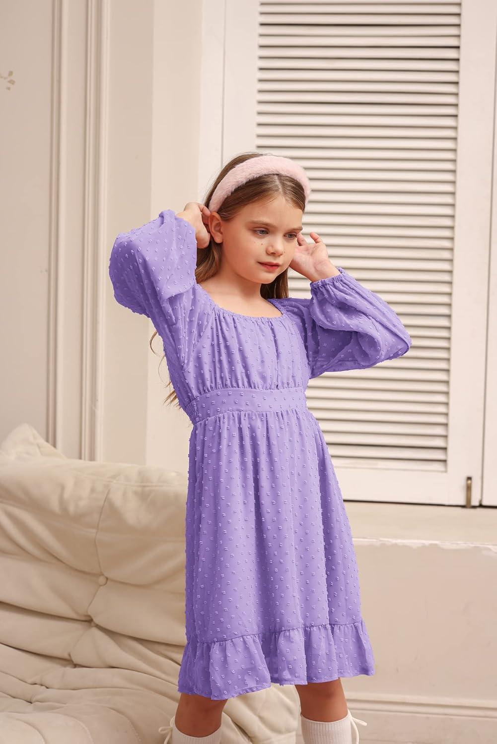 imageGRACE KARIN Girls Ruffle Tiered Dress Long Sleeve Swiss Dot Flowy ALine Dress 614YPurple