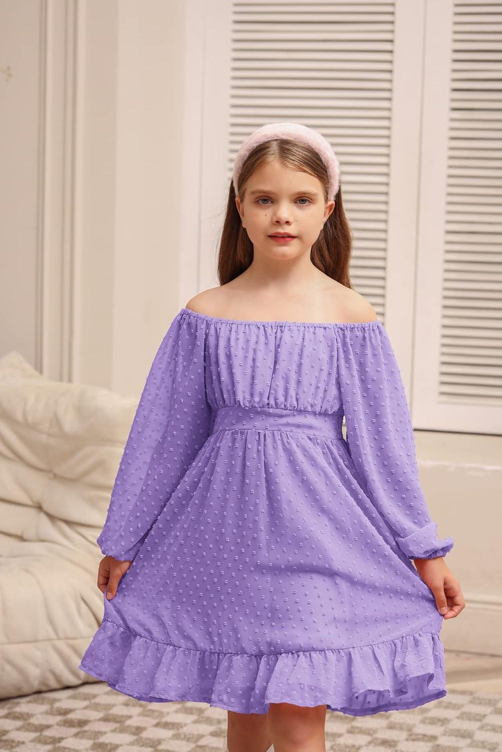 imageGRACE KARIN Girls Ruffle Tiered Dress Long Sleeve Swiss Dot Flowy ALine Dress 614YPurple