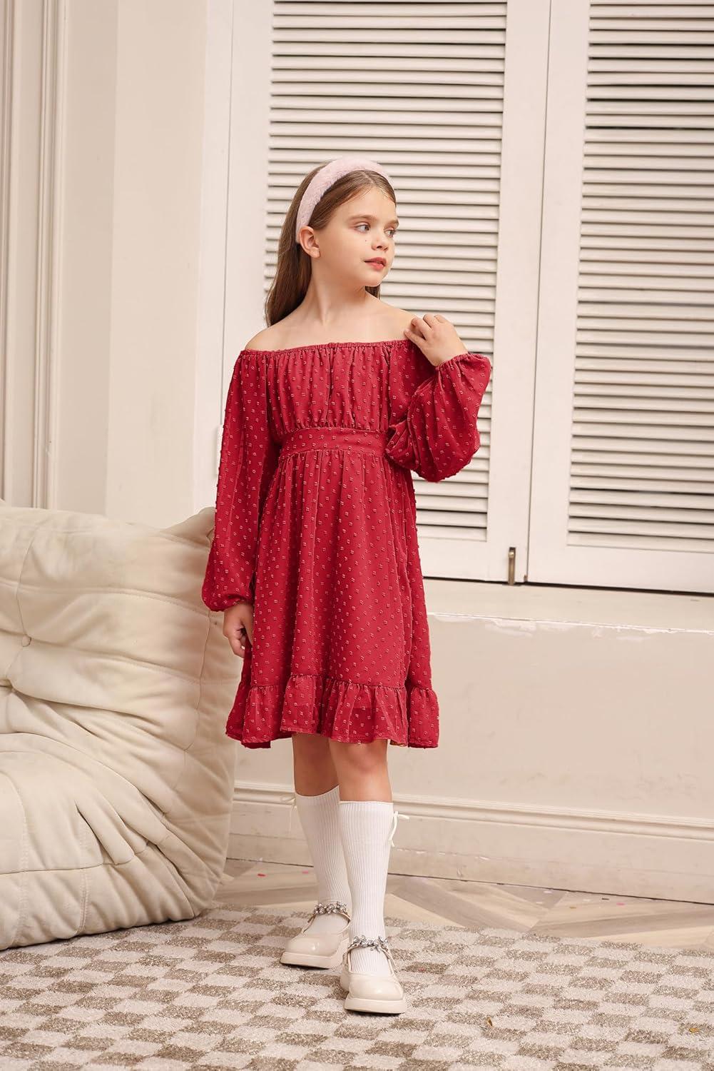 imageGRACE KARIN Girls Ruffle Tiered Dress Long Sleeve Swiss Dot Flowy ALine Dress 614YRed