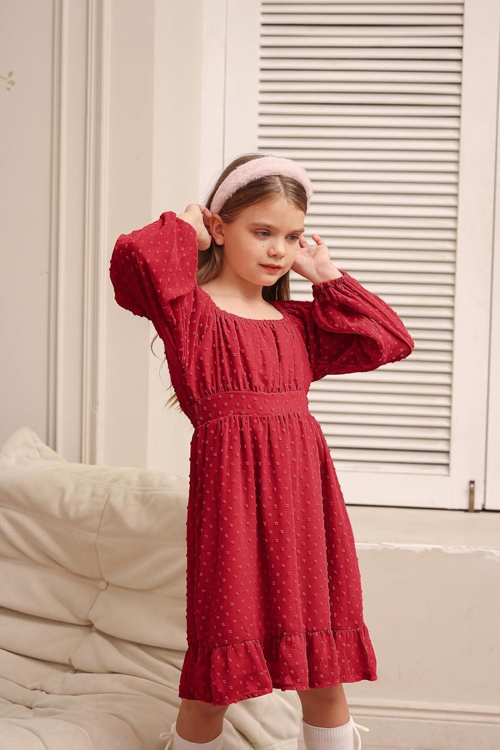 imageGRACE KARIN Girls Ruffle Tiered Dress Long Sleeve Swiss Dot Flowy ALine Dress 614YRed