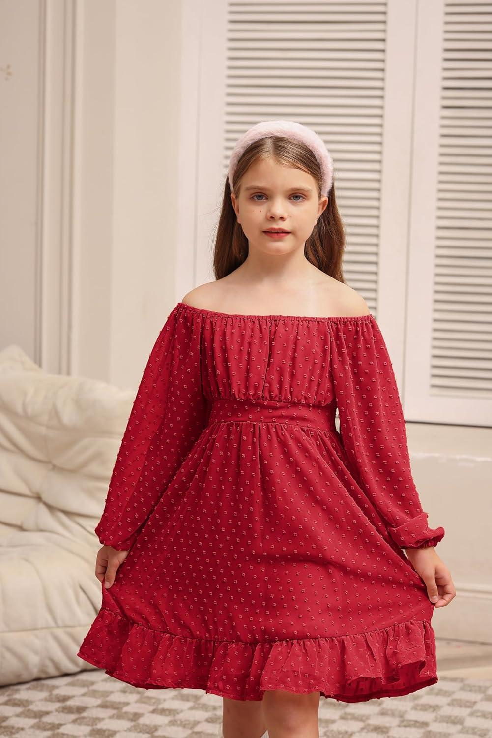 imageGRACE KARIN Girls Ruffle Tiered Dress Long Sleeve Swiss Dot Flowy ALine Dress 614YRed