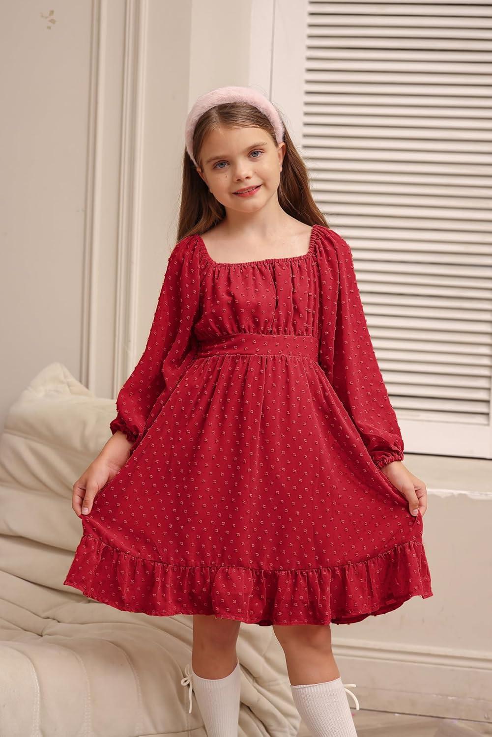 imageGRACE KARIN Girls Ruffle Tiered Dress Long Sleeve Swiss Dot Flowy ALine Dress 614YRed