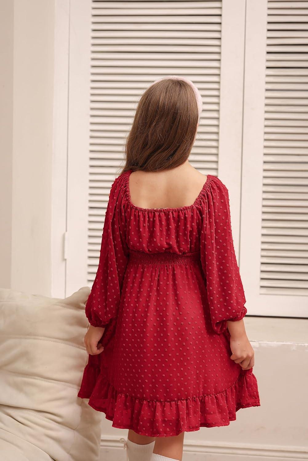 imageGRACE KARIN Girls Ruffle Tiered Dress Long Sleeve Swiss Dot Flowy ALine Dress 614YRed