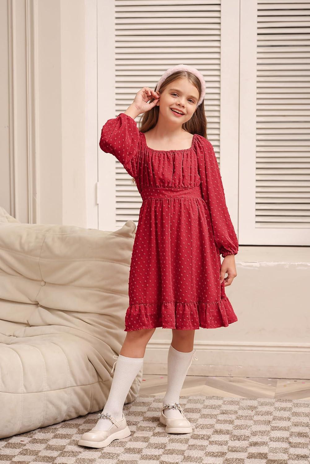 imageGRACE KARIN Girls Ruffle Tiered Dress Long Sleeve Swiss Dot Flowy ALine Dress 614YRed