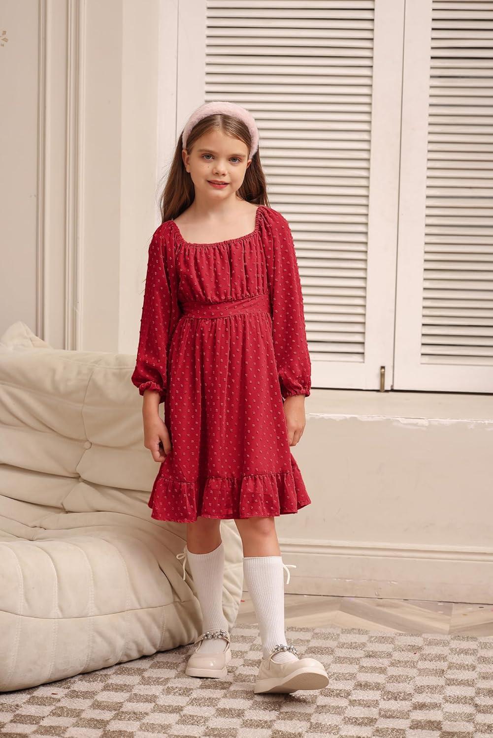 imageGRACE KARIN Girls Ruffle Tiered Dress Long Sleeve Swiss Dot Flowy ALine Dress 614YRed